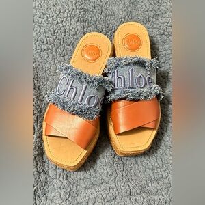 Denim and Leather Espadrille Platform Wedge Mules